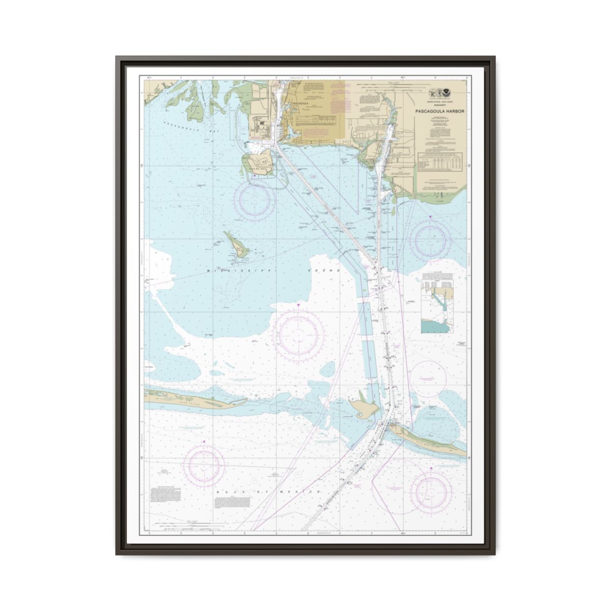 Chart 11375 Pascagoula Harbor - NOAA Nautical Chart Floating Frame Canvas | 24" x 32" | 30" x 40" - Espresso front