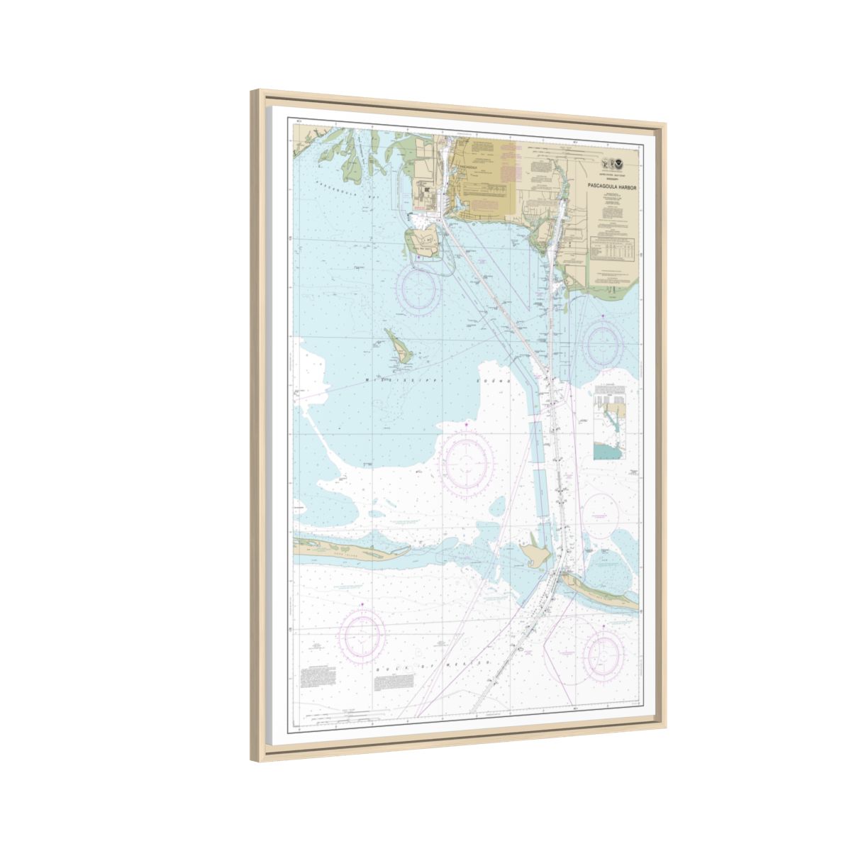 Chart 11375 Pascagoula Harbor - NOAA Nautical Chart Floating Frame Canvas | 24" x 32" | 30" x 40" - Natural side