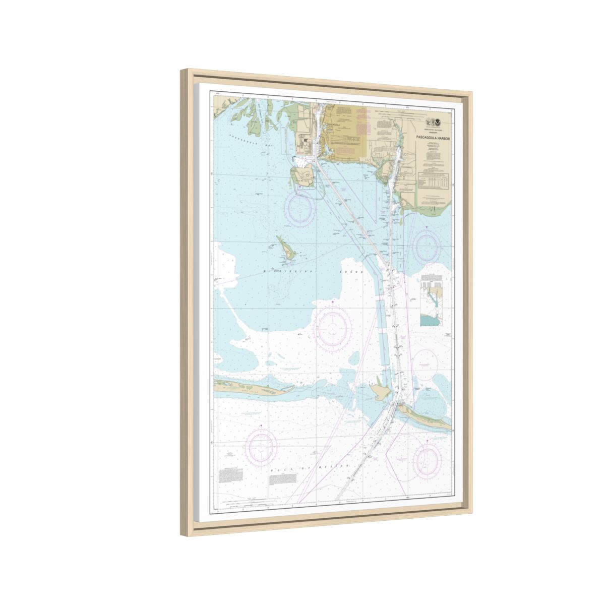 Chart 11375 Pascagoula Harbor - NOAA Nautical Chart Floating Frame Canvas | 24" x 32" | 30" x 40" - Natural side