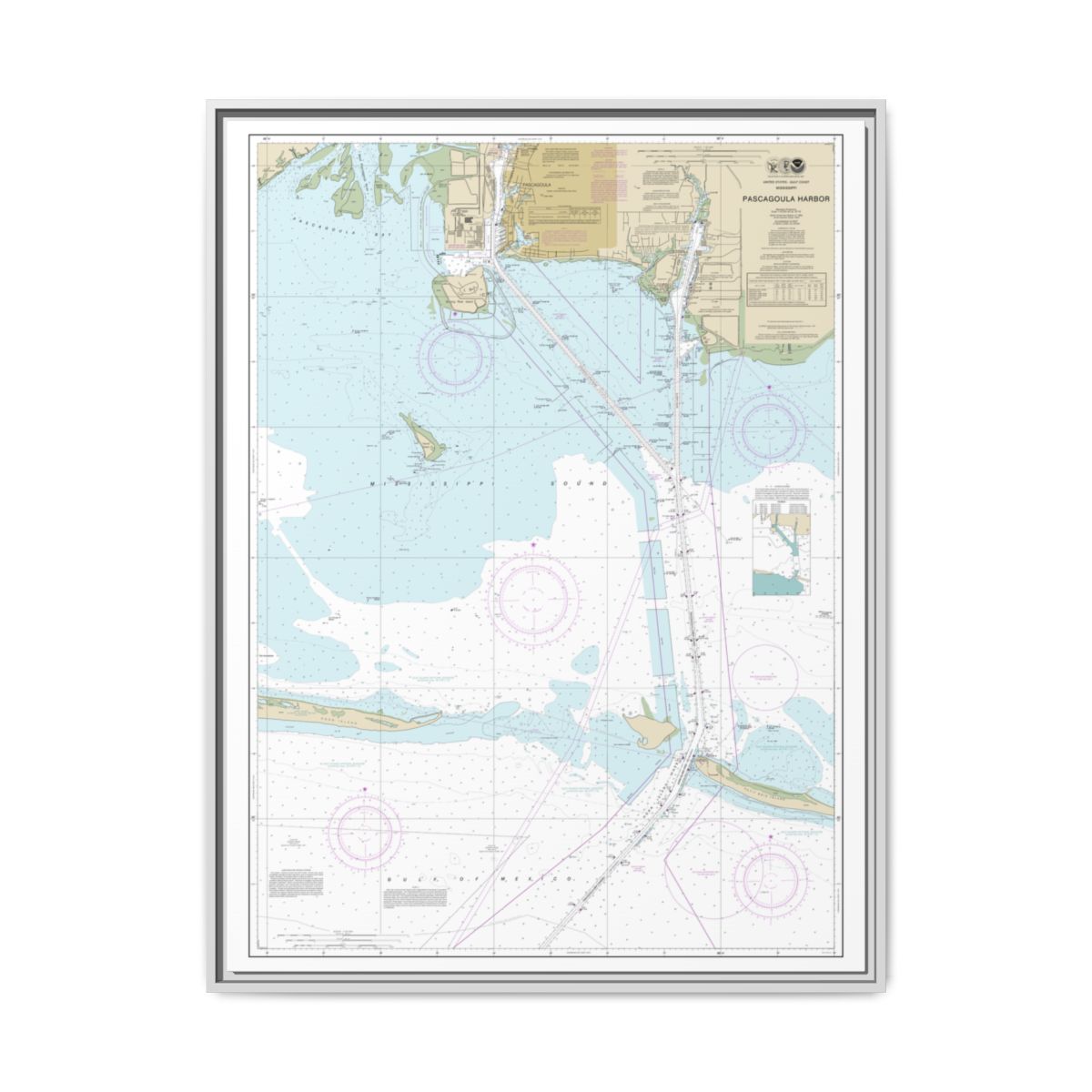 Chart 11375 Pascagoula Harbor - NOAA Nautical Chart Floating Frame Canvas | 24" x 32" | 30" x 40" - White front