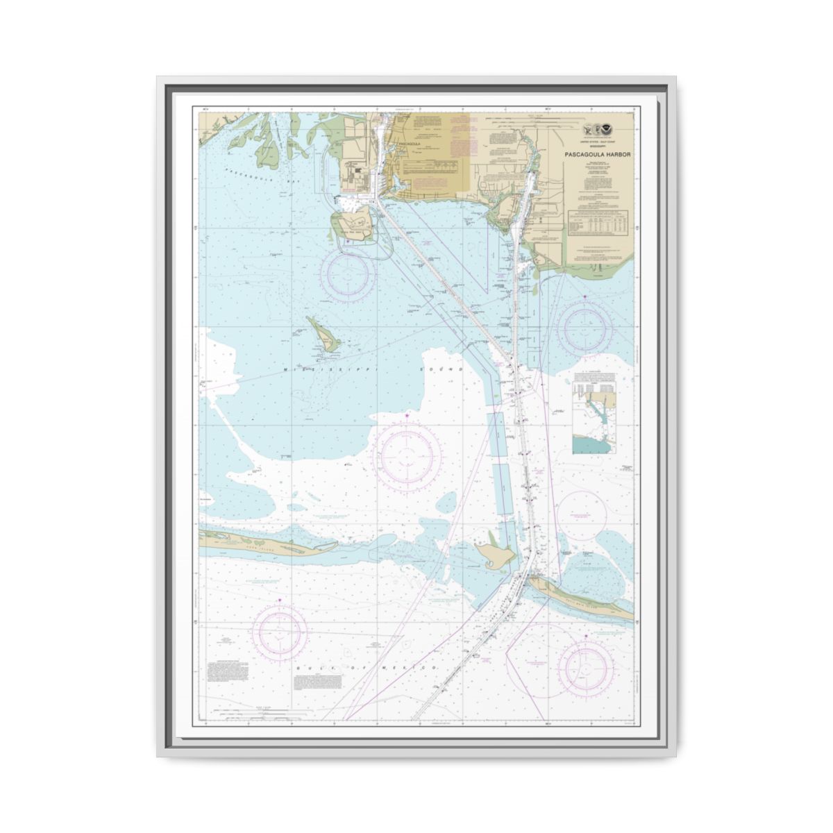 Chart 11375 Pascagoula Harbor - NOAA Nautical Chart Floating Frame Canvas | 24" x 32" | 30" x 40" - White front