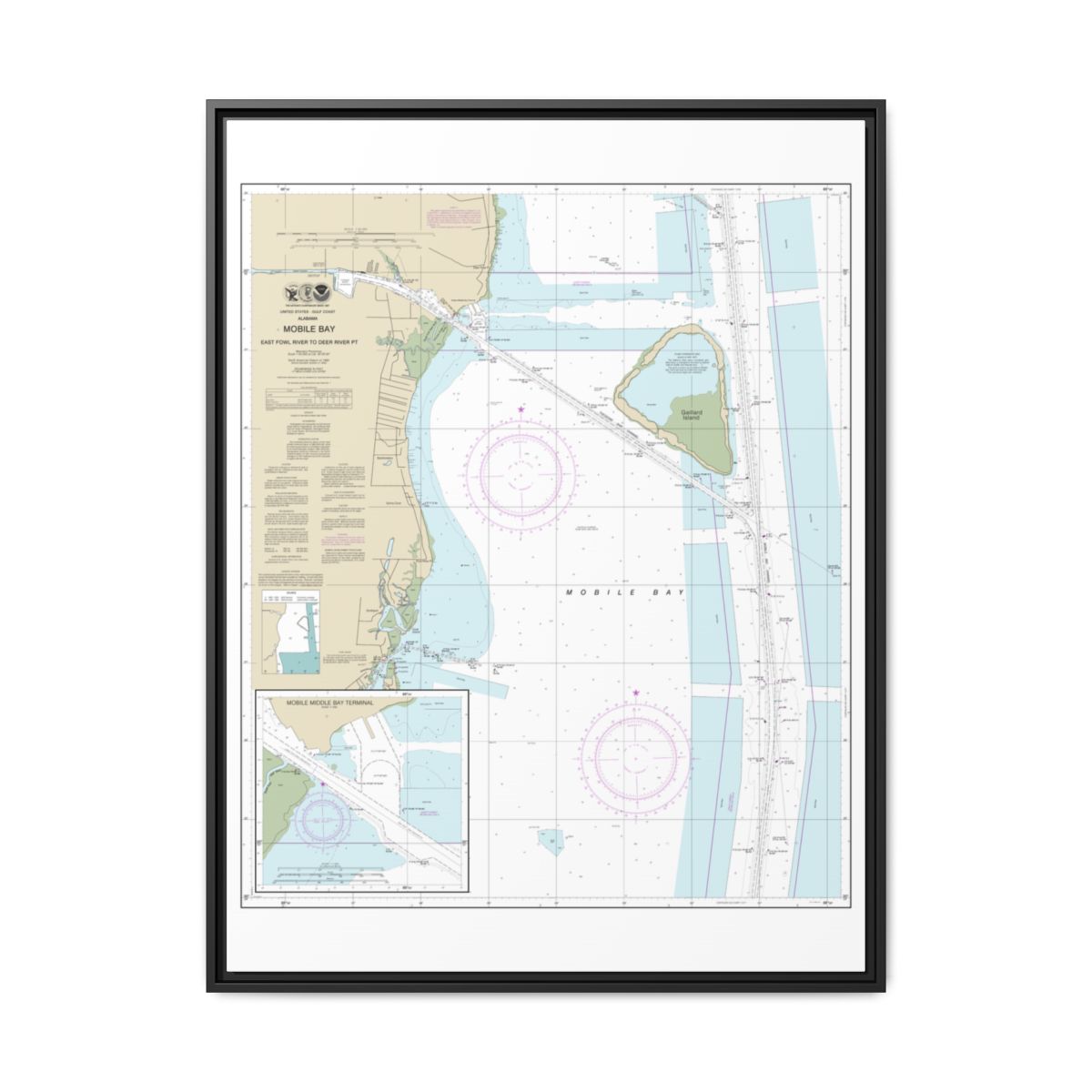 Chart 11380 Mobile Bay East Fowl River to Deer River Pt; Mobile Middle Bay Terminal - NOAA Nautical Chart Floating Frame Canvas | 24" x 32" | 30" x 40" - Black front