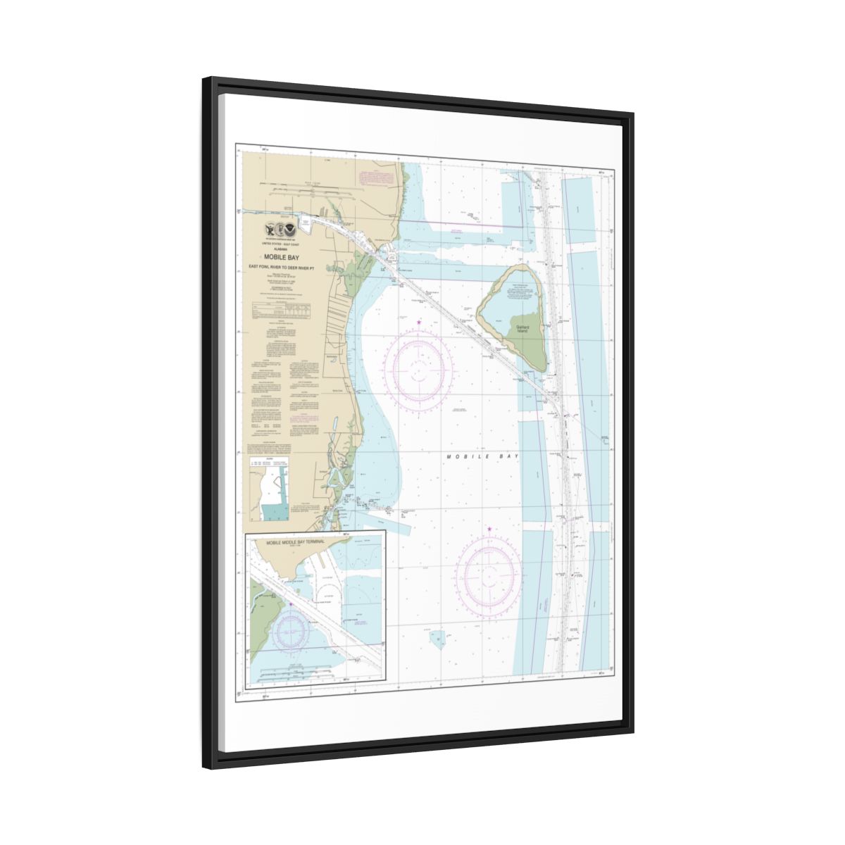 Chart 11380 Mobile Bay East Fowl River to Deer River Pt; Mobile Middle Bay Terminal - NOAA Nautical Chart Floating Frame Canvas | 24" x 32" | 30" x 40" - Black side