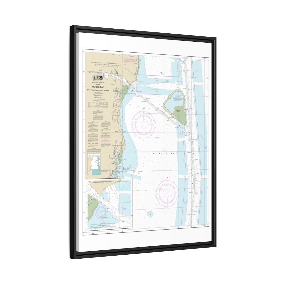 Chart 11380 Mobile Bay East Fowl River to Deer River Pt; Mobile Middle Bay Terminal - NOAA Nautical Chart Floating Frame Canvas | 24" x 32" | 30" x 40" - Black side
