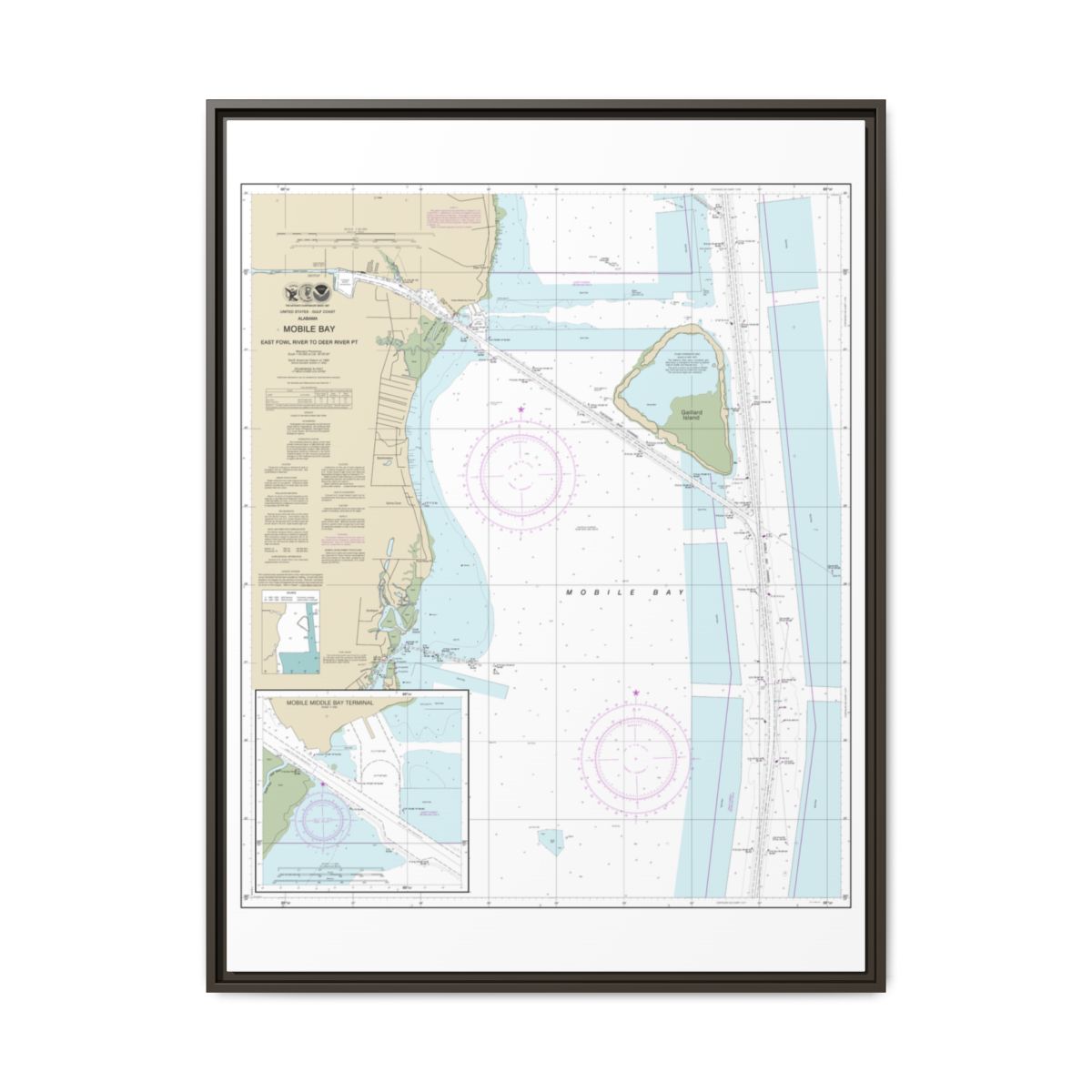 Chart 11380 Mobile Bay East Fowl River to Deer River Pt; Mobile Middle Bay Terminal - NOAA Nautical Chart Floating Frame Canvas | 24" x 32" | 30" x 40" - Espresso front