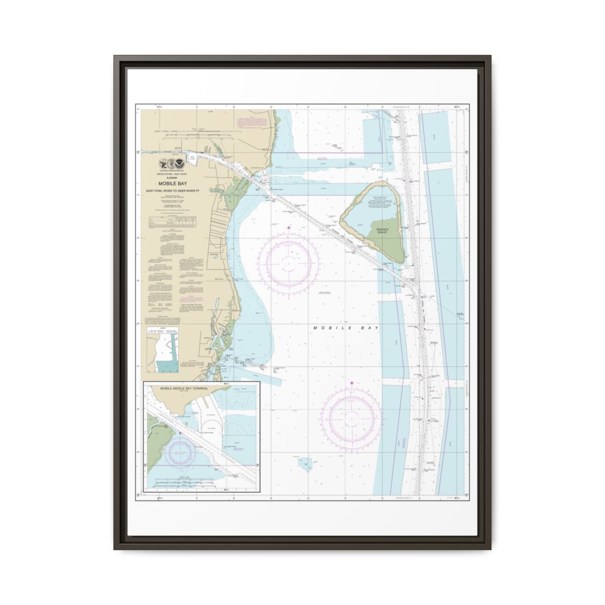 Chart 11380 Mobile Bay East Fowl River to Deer River Pt; Mobile Middle Bay Terminal - NOAA Nautical Chart Floating Frame Canvas | 24" x 32" | 30" x 40" - Espresso front