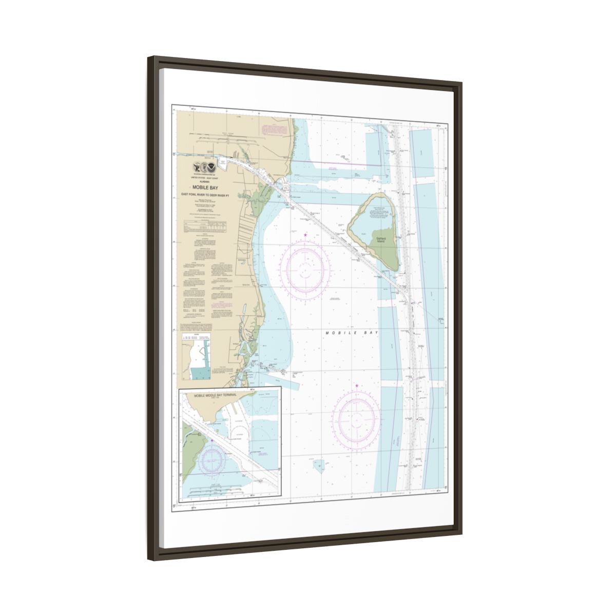 Chart 11380 Mobile Bay East Fowl River to Deer River Pt; Mobile Middle Bay Terminal - NOAA Nautical Chart Floating Frame Canvas | 24" x 32" | 30" x 40" - Espresso side