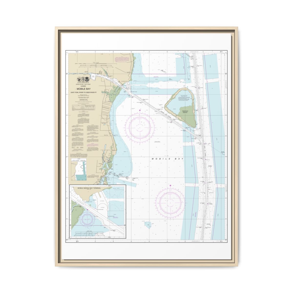 Chart 11380 Mobile Bay East Fowl River to Deer River Pt; Mobile Middle Bay Terminal - NOAA Nautical Chart Floating Frame Canvas | 24" x 32" | 30" x 40" - Natural front