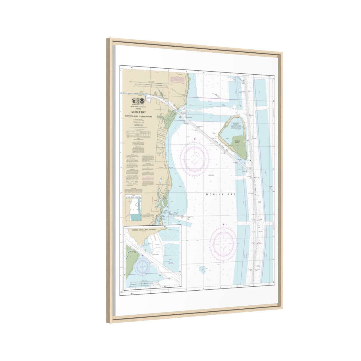 Chart 11380 Mobile Bay East Fowl River to Deer River Pt; Mobile Middle Bay Terminal - NOAA Nautical Chart Floating Frame Canvas | 24" x 32" | 30" x 40" - Natural side