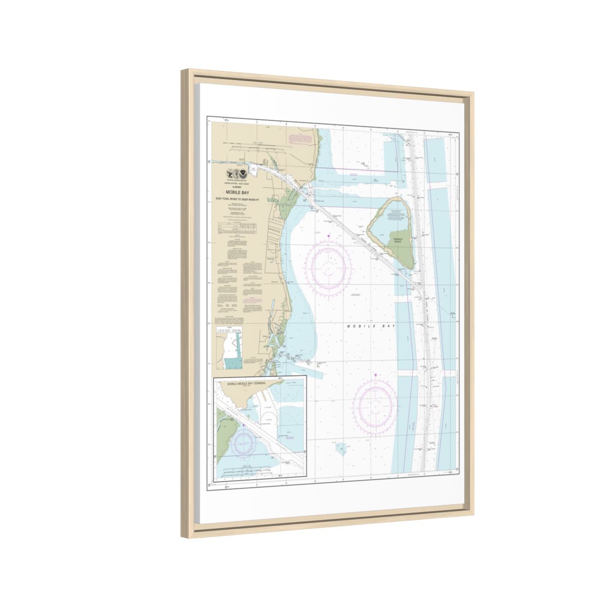 Chart 11380 Mobile Bay East Fowl River to Deer River Pt; Mobile Middle Bay Terminal - NOAA Nautical Chart Floating Frame Canvas | 24" x 32" | 30" x 40" - Natural side