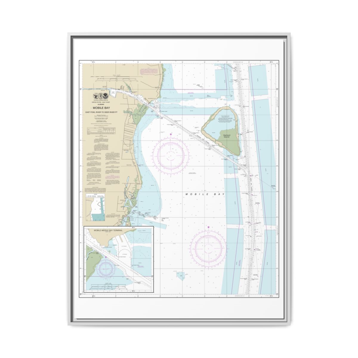 Chart 11380 Mobile Bay East Fowl River to Deer River Pt; Mobile Middle Bay Terminal - NOAA Nautical Chart Floating Frame Canvas | 24" x 32" | 30" x 40" - White front