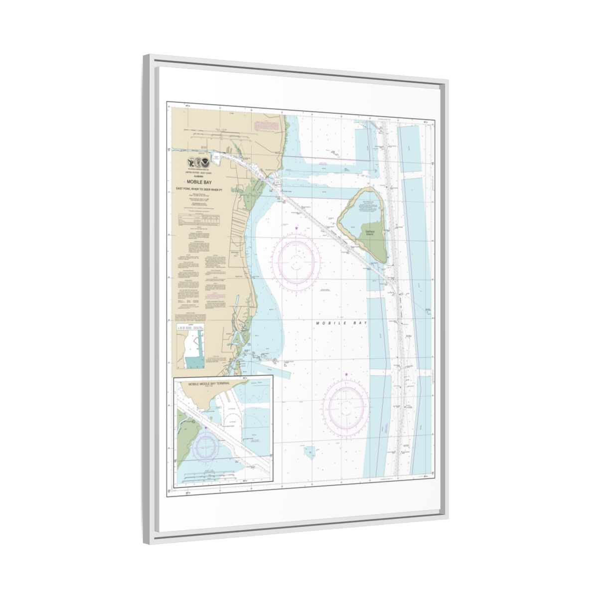 Chart 11380 Mobile Bay East Fowl River to Deer River Pt; Mobile Middle Bay Terminal - NOAA Nautical Chart Floating Frame Canvas | 24" x 32" | 30" x 40" - White side