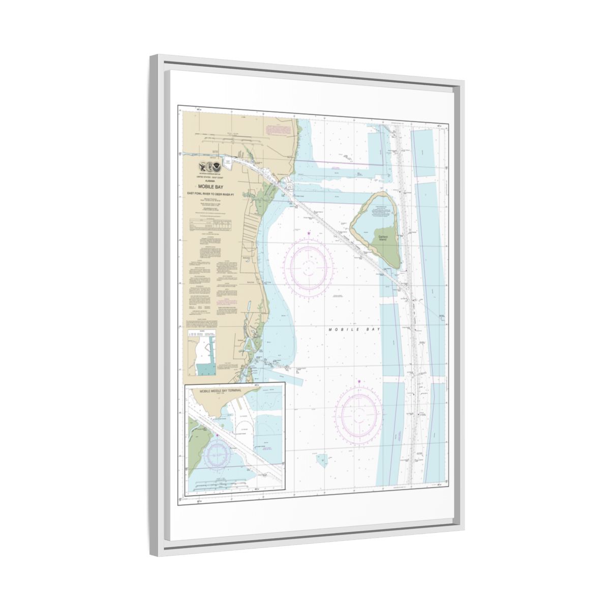 Chart 11380 Mobile Bay East Fowl River to Deer River Pt; Mobile Middle Bay Terminal - NOAA Nautical Chart Floating Frame Canvas | 24" x 32" | 30" x 40" - White side