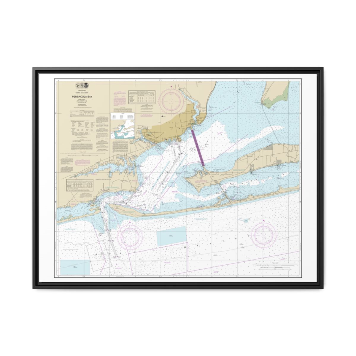 Chart 11383 Pensacola Bay - NOAA Nautical Chart Floating Frame Canvas | 32" x 24" | 40" x 30" - Black front