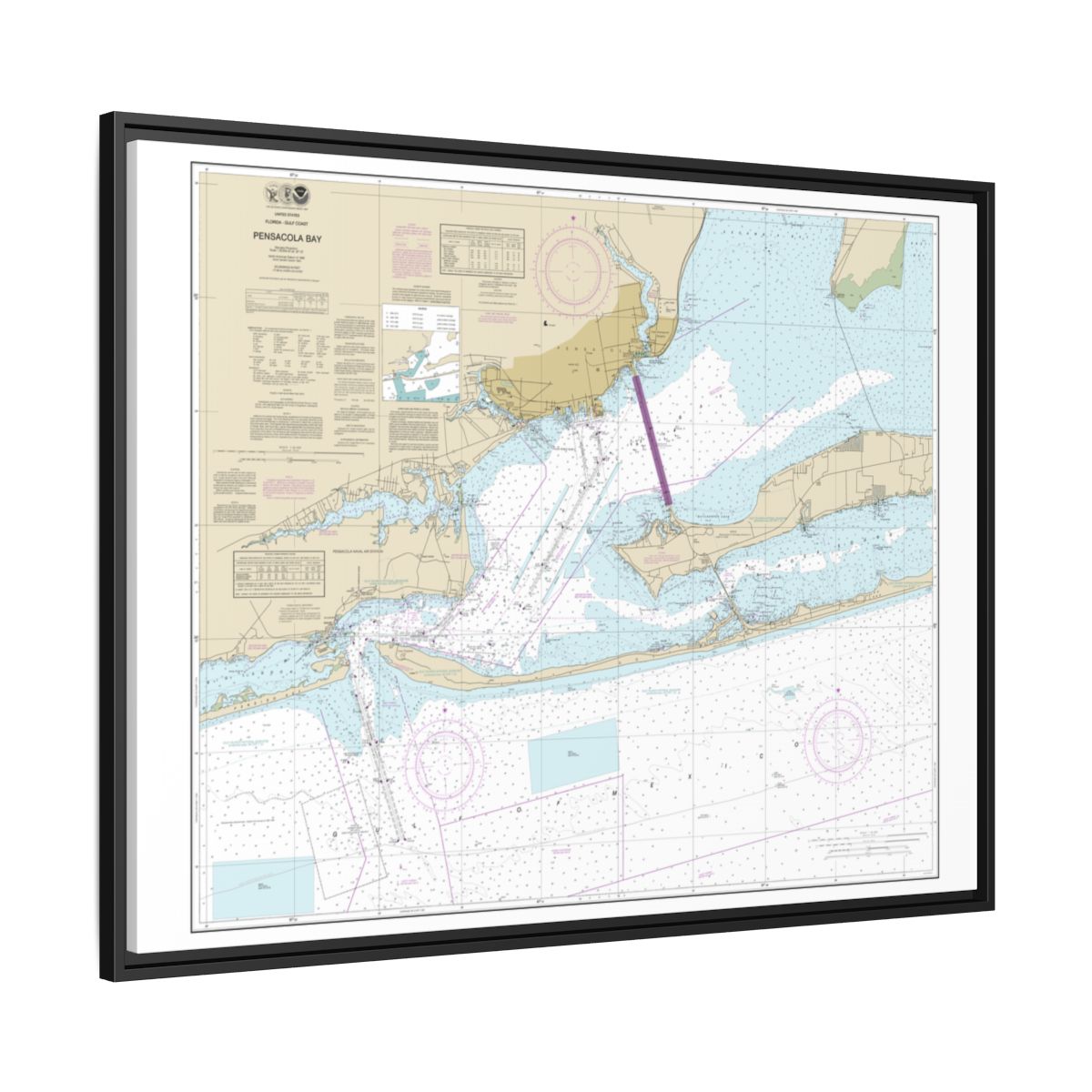 Chart 11383 Pensacola Bay - NOAA Nautical Chart Floating Frame Canvas | 32" x 24" | 40" x 30" - Black side