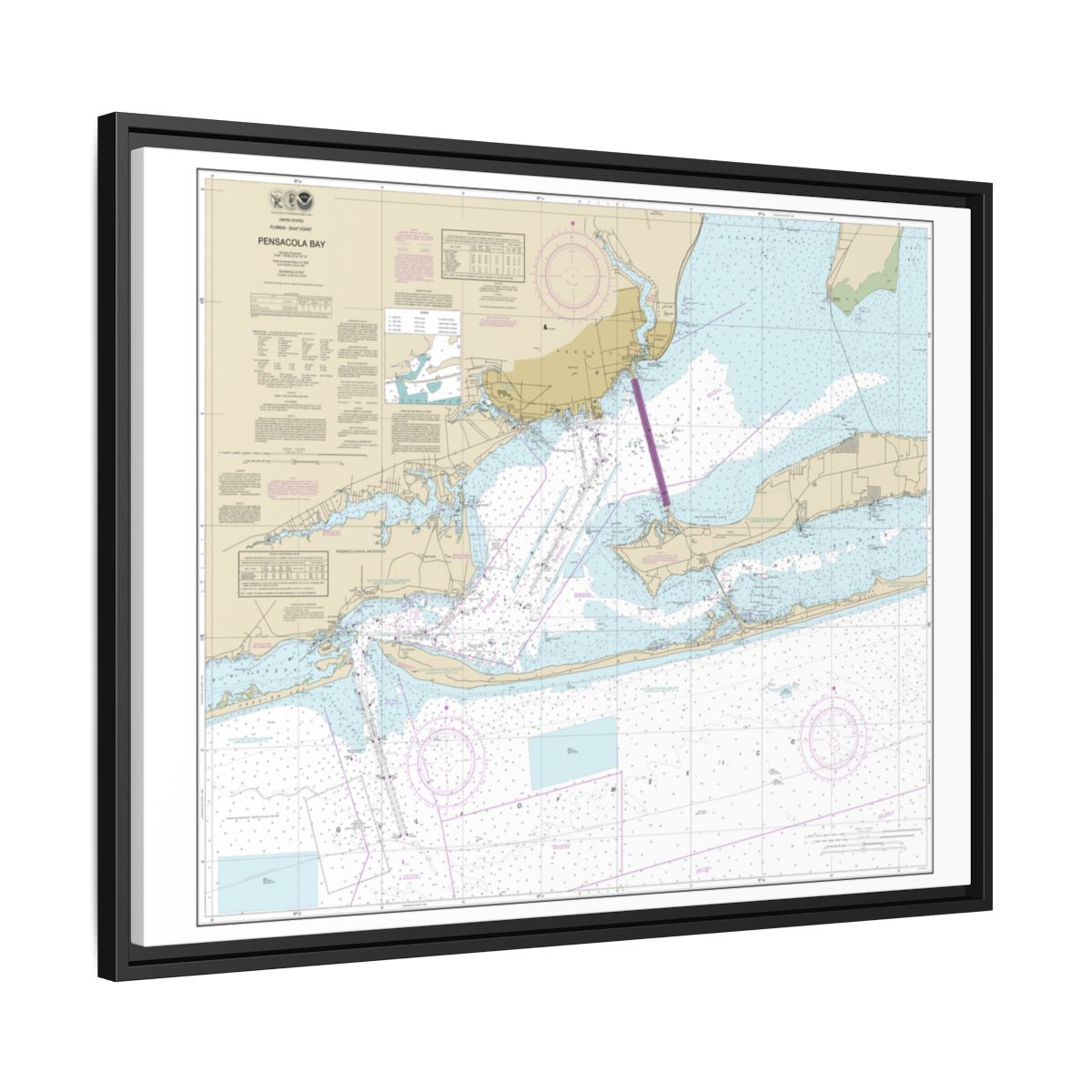 Chart 11383 Pensacola Bay - NOAA Nautical Chart Floating Frame Canvas | 32" x 24" | 40" x 30" - Black side