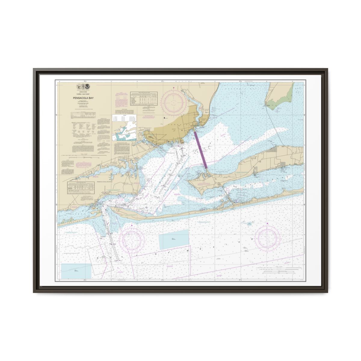 Chart 11383 Pensacola Bay - NOAA Nautical Chart Floating Frame Canvas | 32" x 24" | 40" x 30" - Espresso front