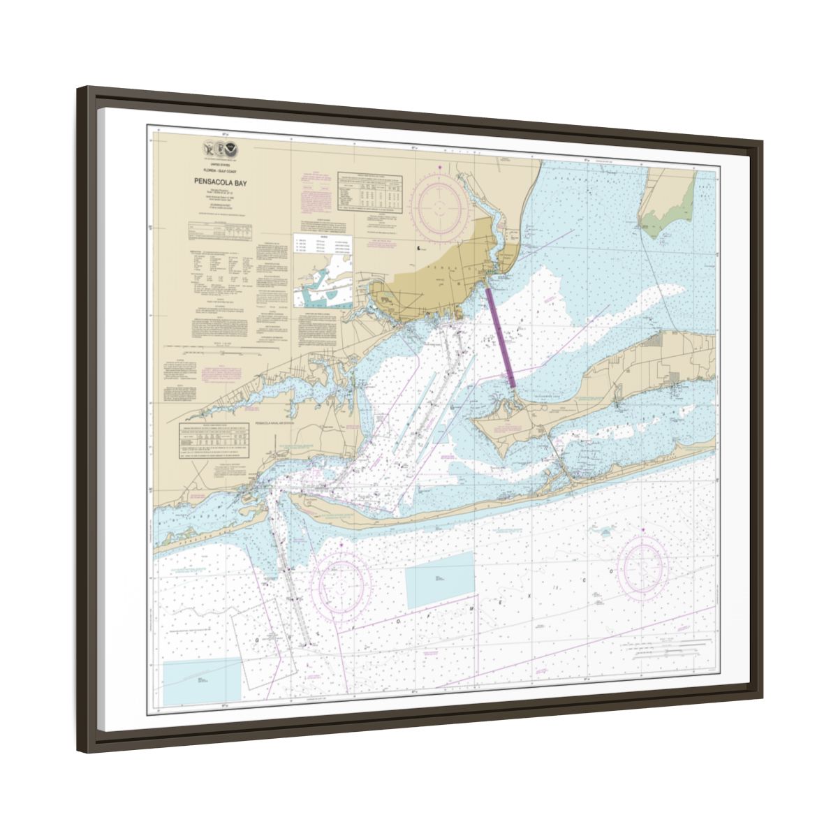 Chart 11383 Pensacola Bay - NOAA Nautical Chart Floating Frame Canvas | 32" x 24" | 40" x 30" - Espresso side