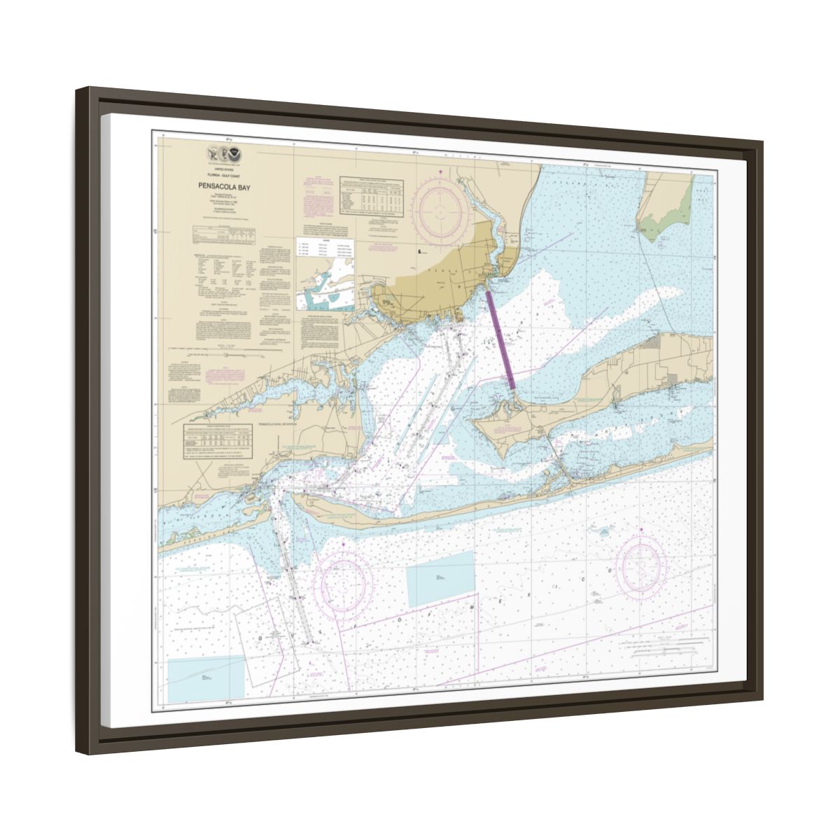 Chart 11383 Pensacola Bay - NOAA Nautical Chart Floating Frame Canvas | 32" x 24" | 40" x 30" - Espresso side