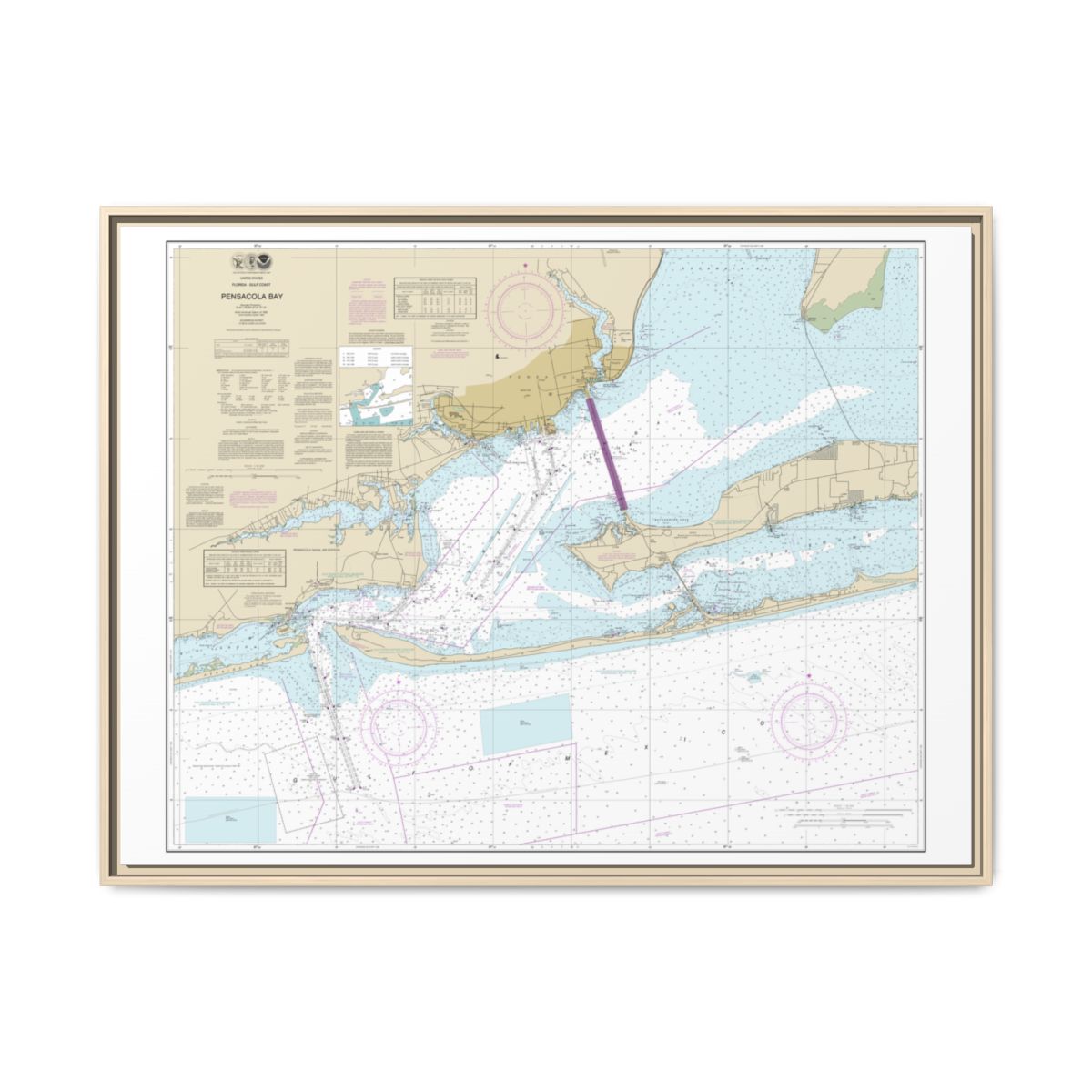 Chart 11383 Pensacola Bay - NOAA Nautical Chart Floating Frame Canvas | 32" x 24" | 40" x 30" - Natural front