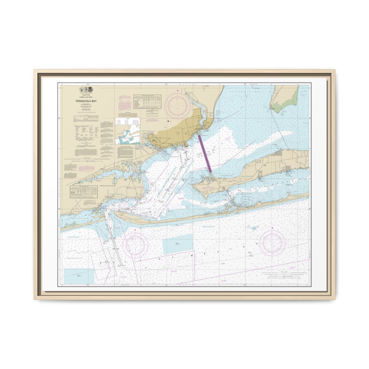 Chart 11383 Pensacola Bay - NOAA Nautical Chart Floating Frame Canvas | 32" x 24" | 40" x 30" - Natural front