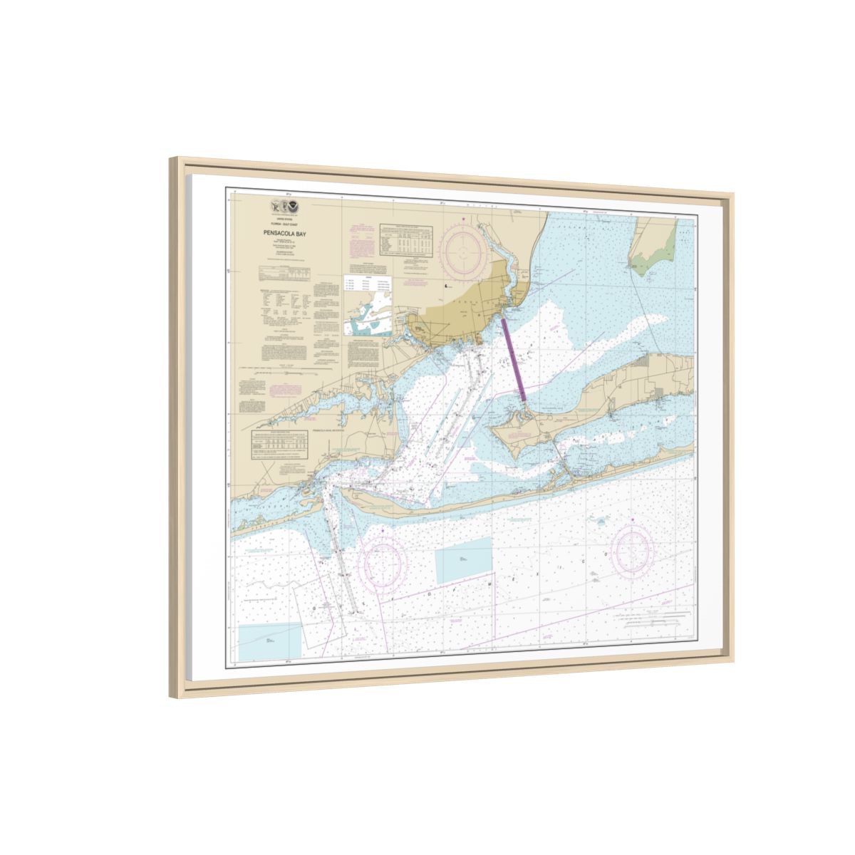Chart 11383 Pensacola Bay - NOAA Nautical Chart Floating Frame Canvas | 32" x 24" | 40" x 30" - Natural side