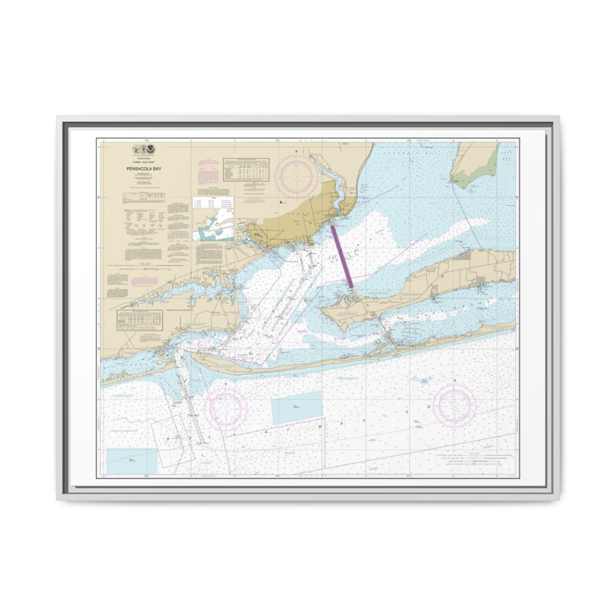 Chart 11383 Pensacola Bay - NOAA Nautical Chart Floating Frame Canvas | 32" x 24" | 40" x 30" - White front