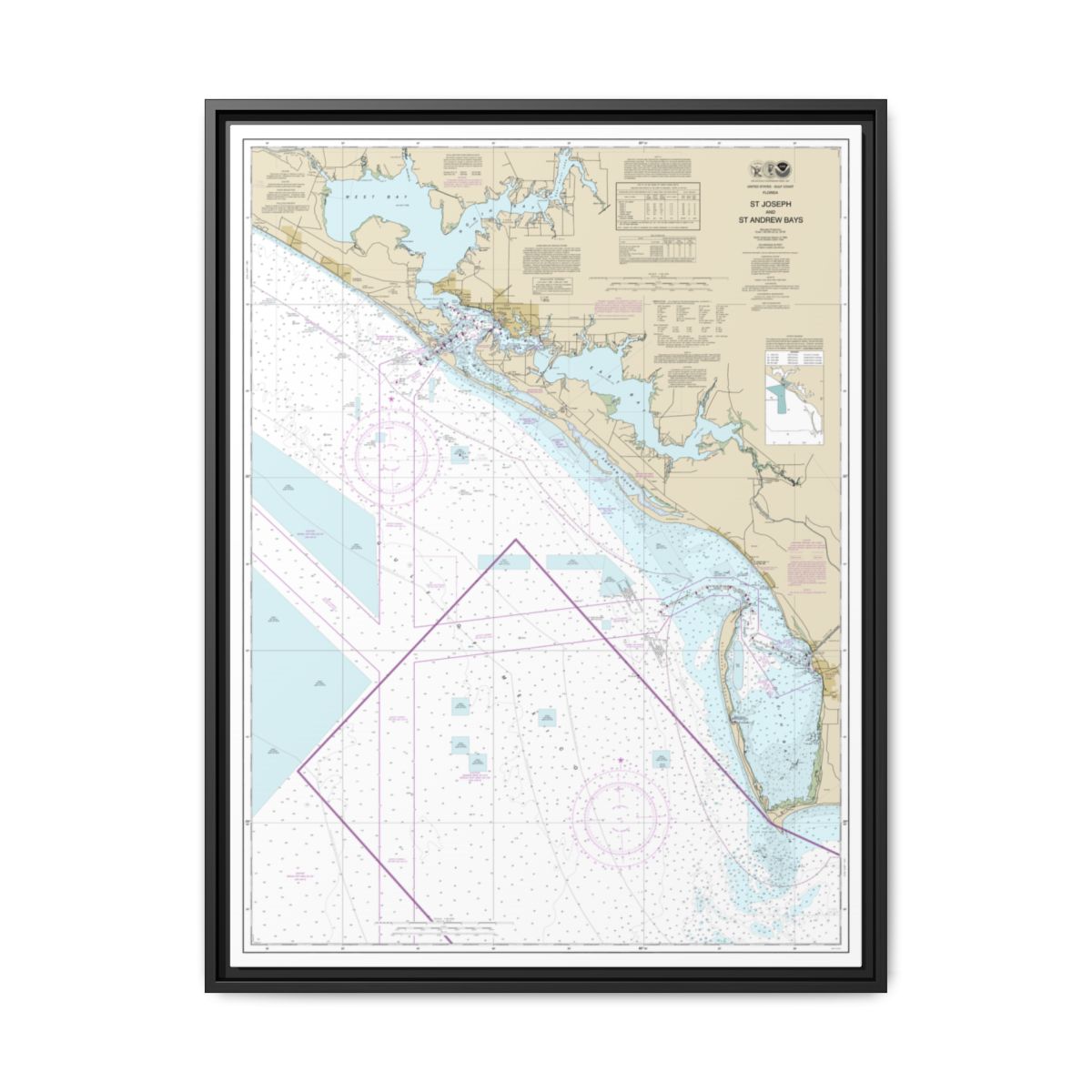 Chart 11389 St Joseph and St Andrew Bays - NOAA Nautical Chart Floating Frame Canvas | 24" x 32" | 30" x 40" - Black front