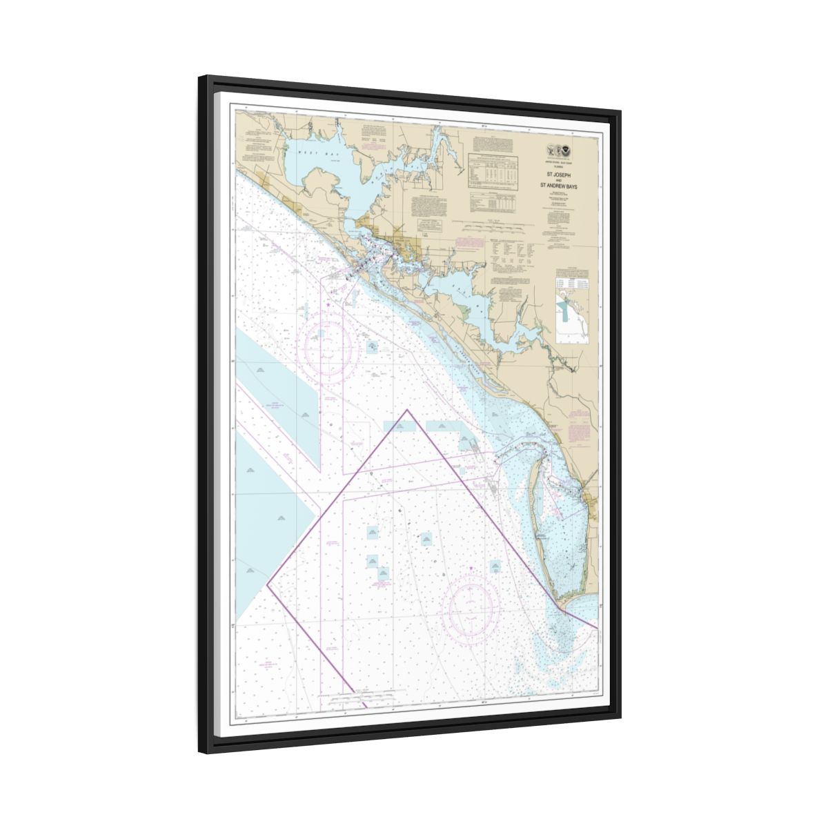 Chart 11389 St Joseph and St Andrew Bays - NOAA Nautical Chart Floating Frame Canvas | 24" x 32" | 30" x 40" - Black side