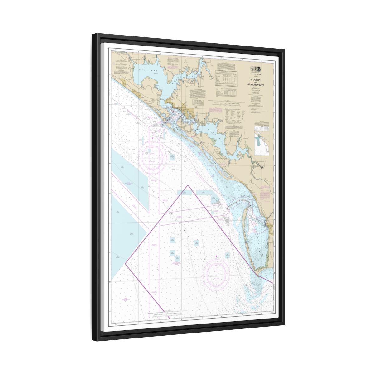 Chart 11389 St Joseph and St Andrew Bays - NOAA Nautical Chart Floating Frame Canvas | 24" x 32" | 30" x 40" - Black side
