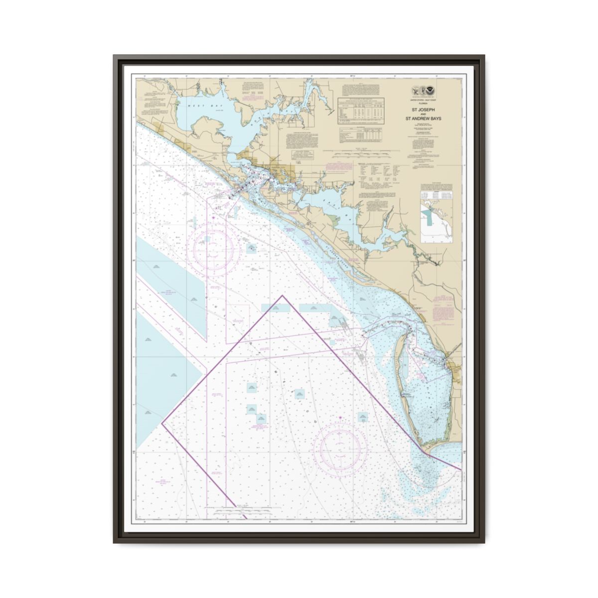 Chart 11389 St Joseph and St Andrew Bays - NOAA Nautical Chart Floating Frame Canvas | 24" x 32" | 30" x 40" - Espresso front