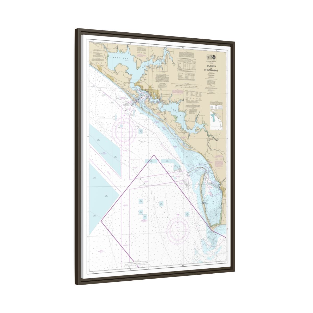 Chart 11389 St Joseph and St Andrew Bays - NOAA Nautical Chart Floating Frame Canvas | 24" x 32" | 30" x 40" - Espresso side