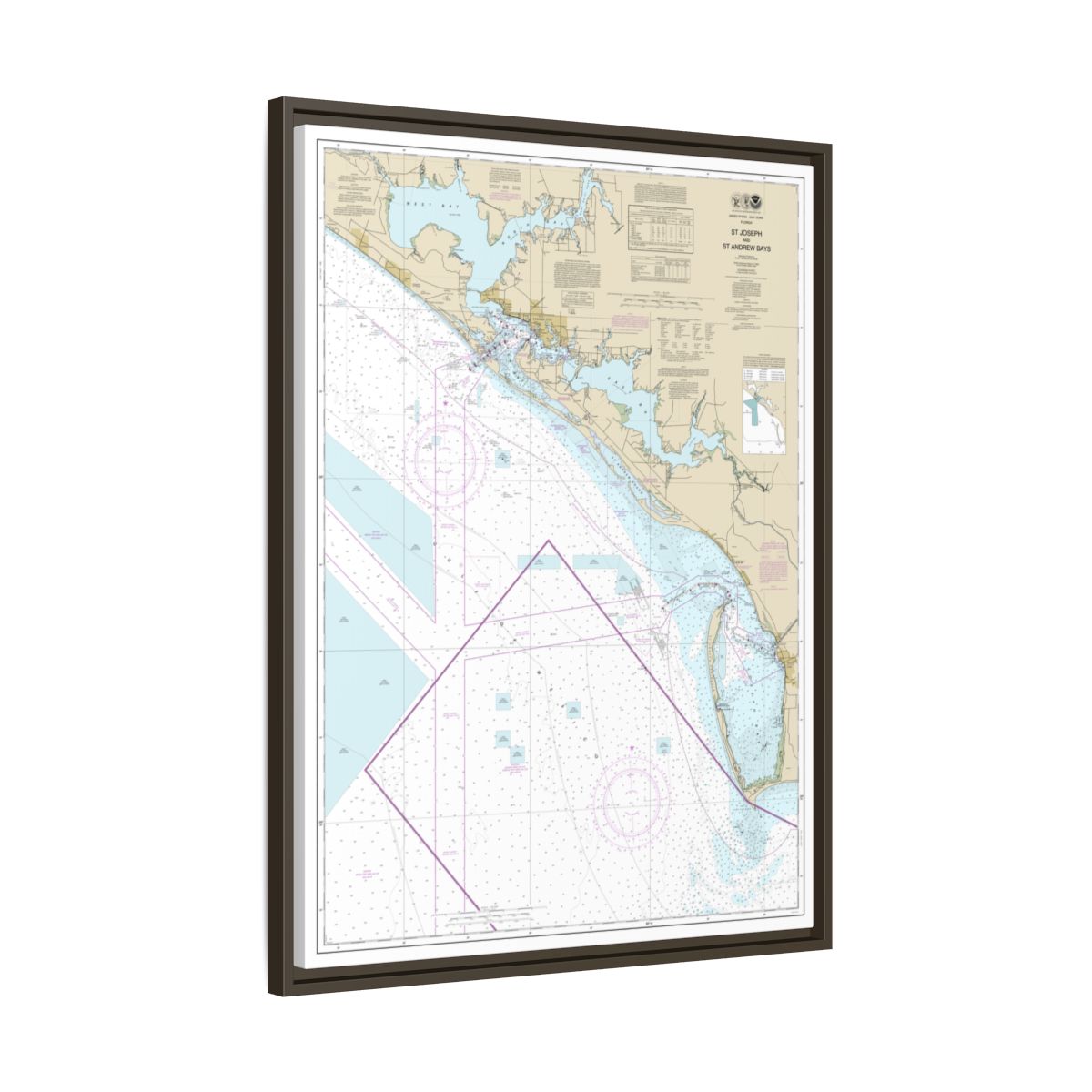 Chart 11389 St Joseph and St Andrew Bays - NOAA Nautical Chart Floating Frame Canvas | 24" x 32" | 30" x 40" - Espresso side