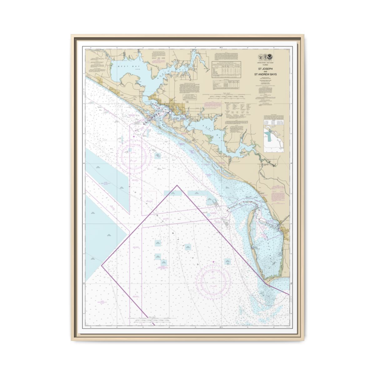 Chart 11389 St Joseph and St Andrew Bays - NOAA Nautical Chart Floating Frame Canvas | 24" x 32" | 30" x 40" - Natural front