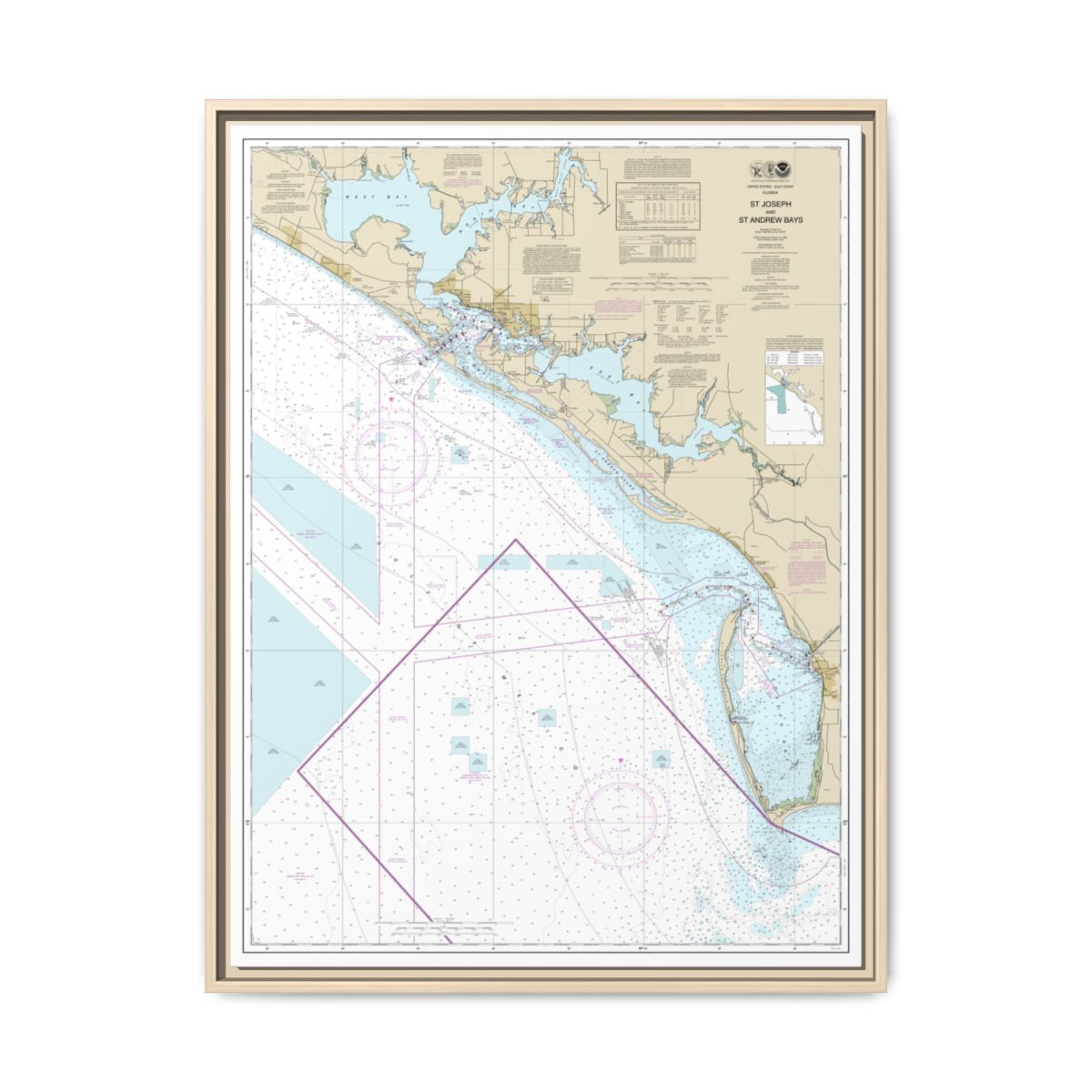 Chart 11389 St Joseph and St Andrew Bays - NOAA Nautical Chart Floating Frame Canvas | 24" x 32" | 30" x 40" - Natural front