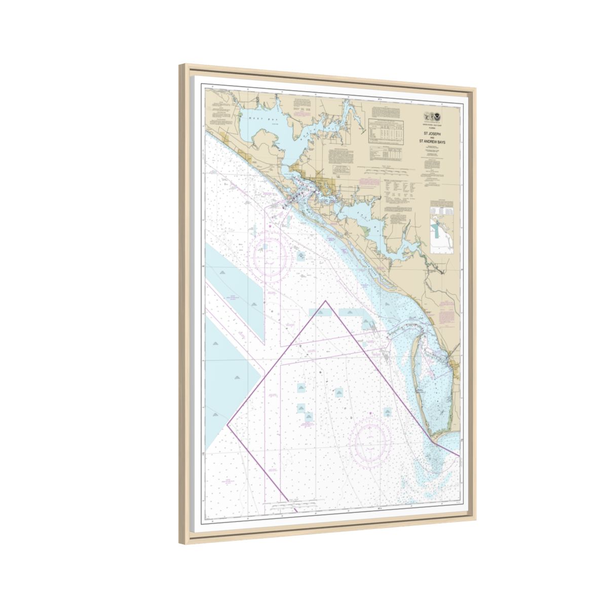 Chart 11389 St Joseph and St Andrew Bays - NOAA Nautical Chart Floating Frame Canvas | 24" x 32" | 30" x 40" - Natural side