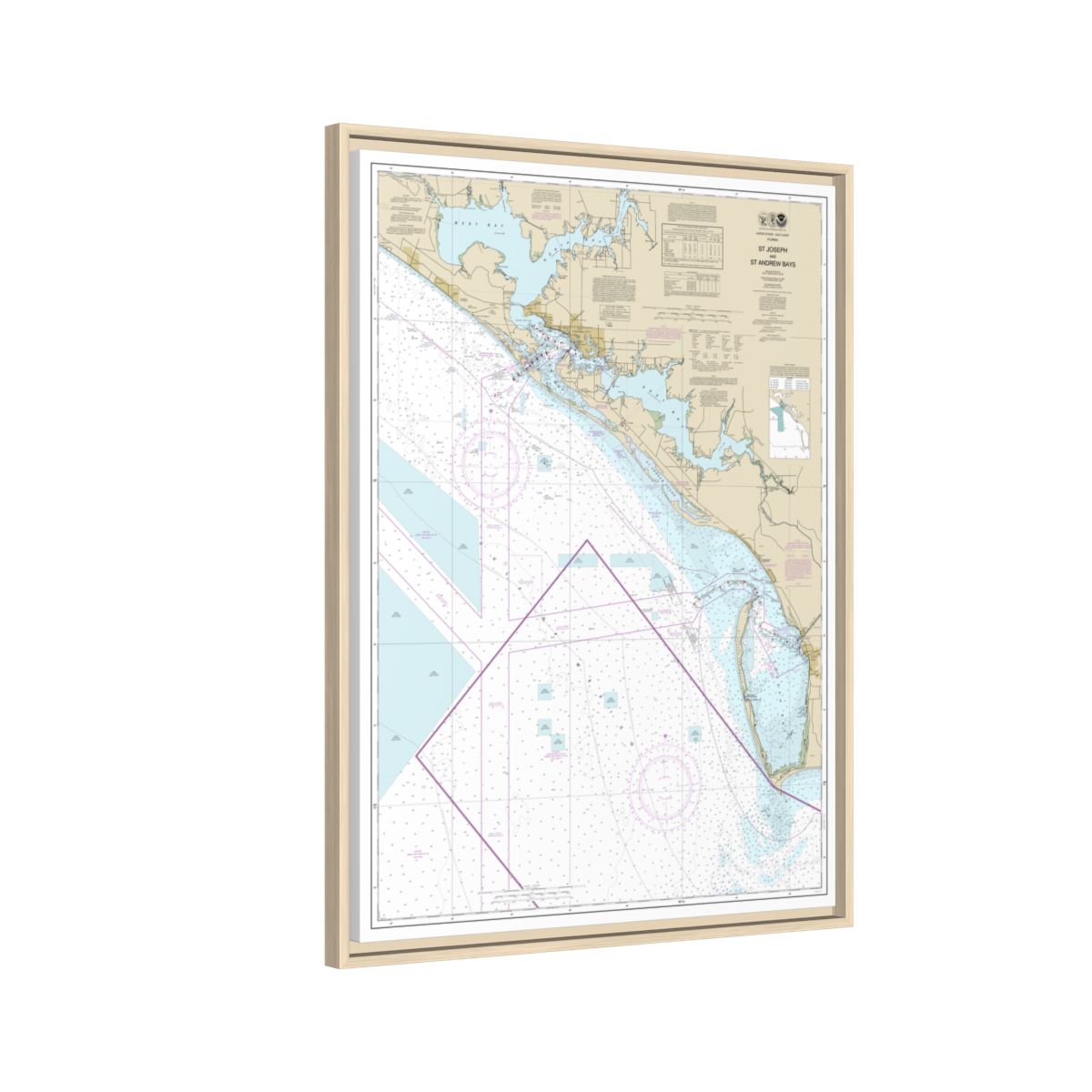 Chart 11389 St Joseph and St Andrew Bays - NOAA Nautical Chart Floating Frame Canvas | 24" x 32" | 30" x 40" - Natural side