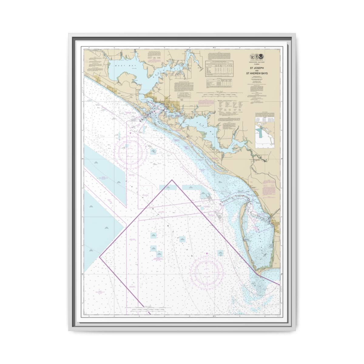 Chart 11389 St Joseph and St Andrew Bays - NOAA Nautical Chart Floating Frame Canvas | 24" x 32" | 30" x 40" - White front