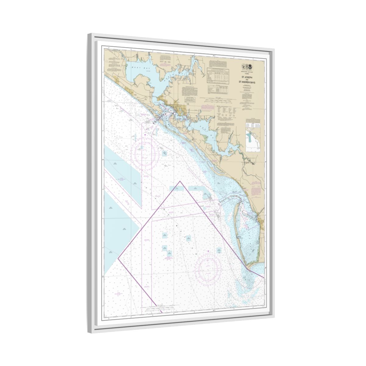 Chart 11389 St Joseph and St Andrew Bays - NOAA Nautical Chart Floating Frame Canvas | 24" x 32" | 30" x 40" - White side