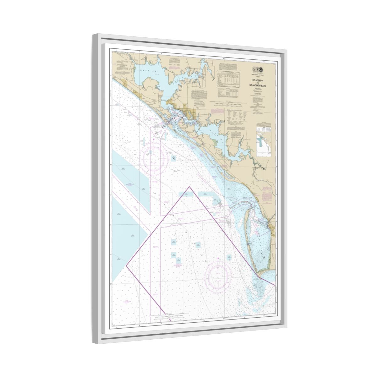 Chart 11389 St Joseph and St Andrew Bays - NOAA Nautical Chart Floating Frame Canvas | 24" x 32" | 30" x 40" - White side