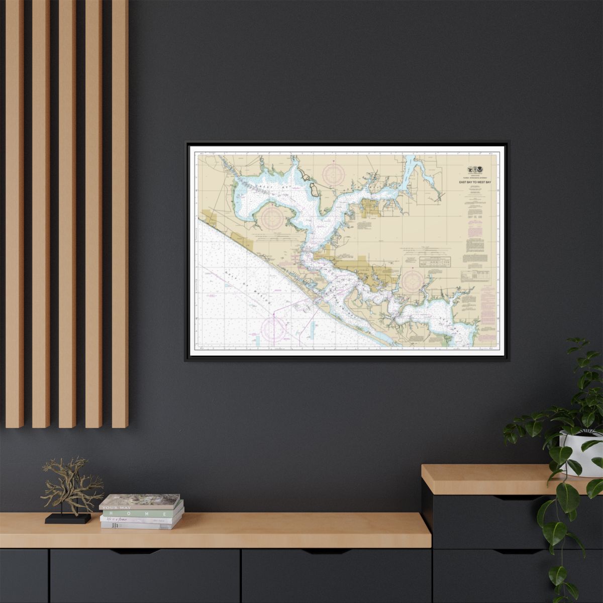 Chart 11390 Intracoastal Waterway East Bay to West Bay - NOAA Nautical Chart Floating Frame Canvas | 30" x 20" | 36" x 24" | 48" x 32" - Black context-2