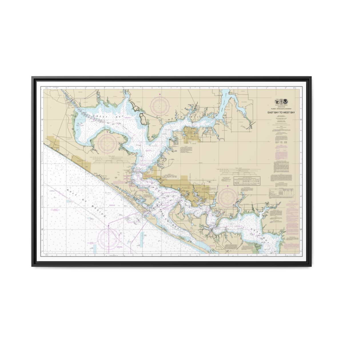 Chart 11390 Intracoastal Waterway East Bay to West Bay - NOAA Nautical Chart Floating Frame Canvas | 30" x 20" | 36" x 24" | 48" x 32" - Black front