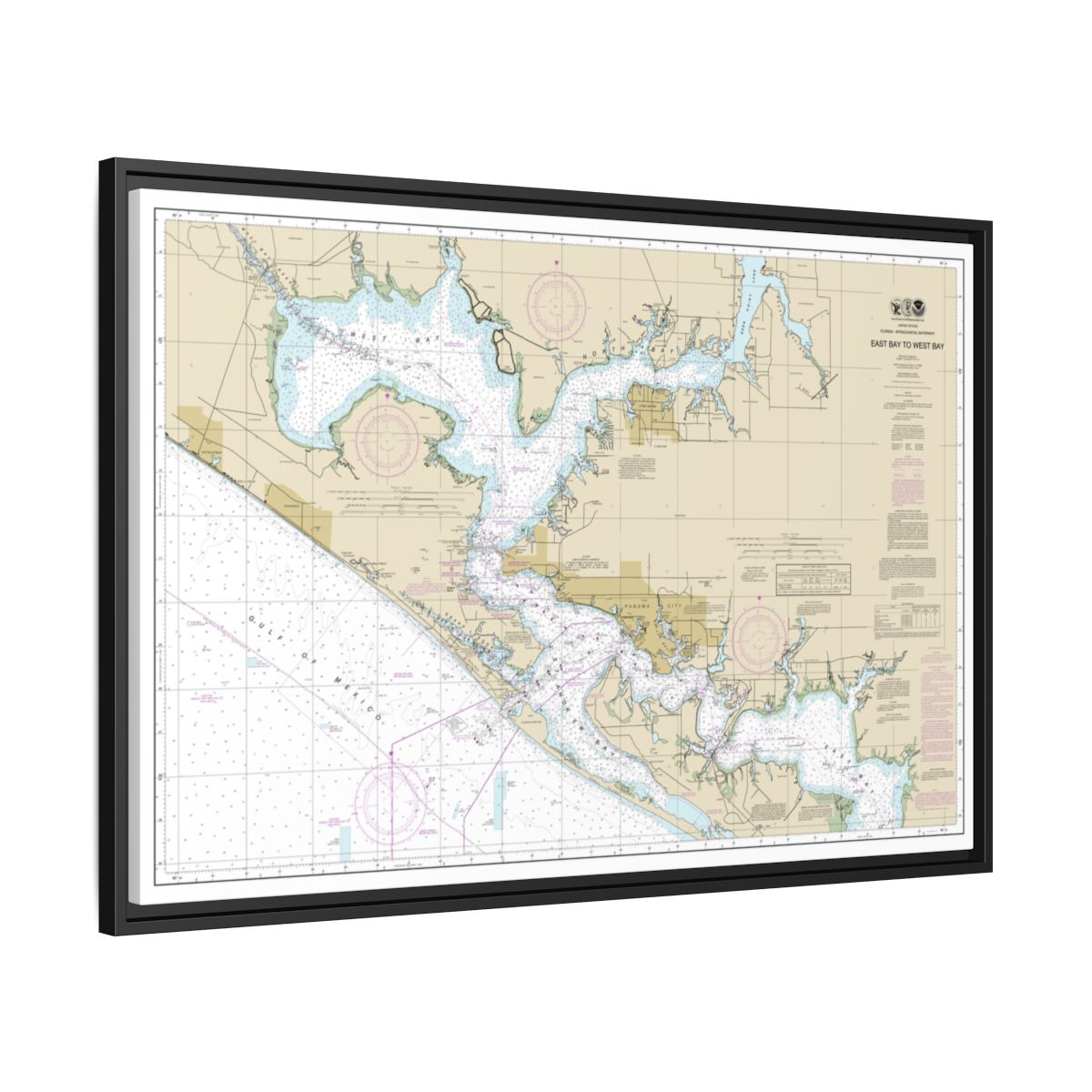 Chart 11390 Intracoastal Waterway East Bay to West Bay - NOAA Nautical Chart Floating Frame Canvas | 30" x 20" | 36" x 24" | 48" x 32" - Black side