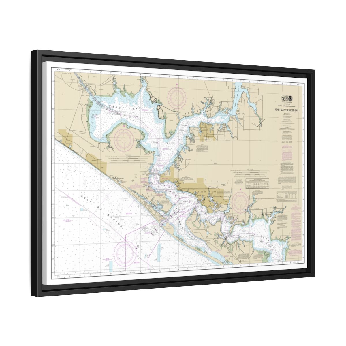 Chart 11390 Intracoastal Waterway East Bay to West Bay - NOAA Nautical Chart Floating Frame Canvas | 30" x 20" | 36" x 24" | 48" x 32" - Black side