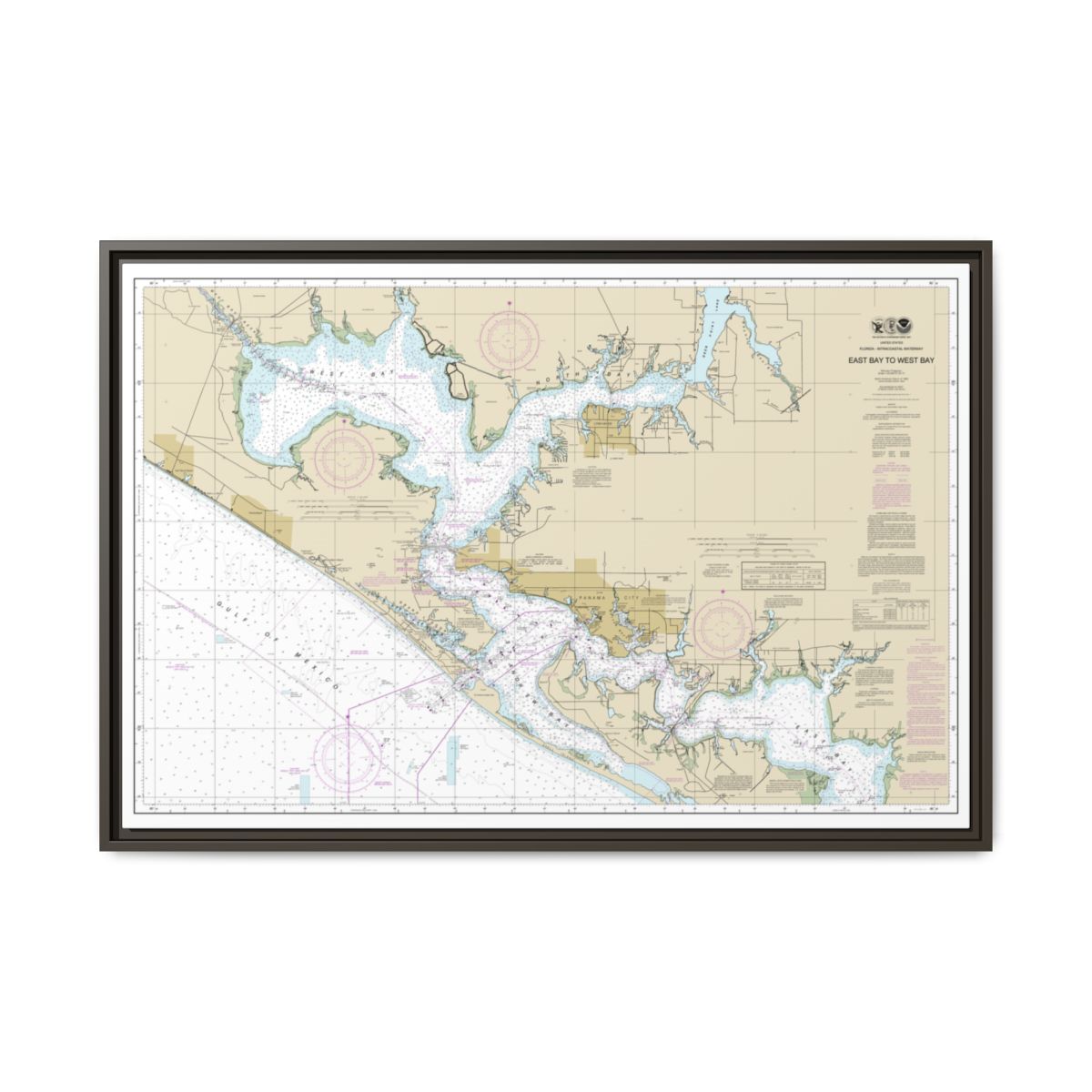 Chart 11390 Intracoastal Waterway East Bay to West Bay - NOAA Nautical Chart Floating Frame Canvas | 30" x 20" | 36" x 24" | 48" x 32" - Espresso front