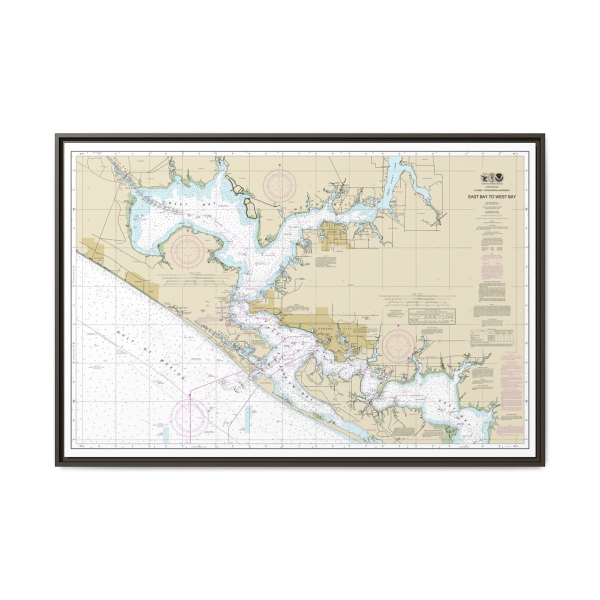Chart 11390 Intracoastal Waterway East Bay to West Bay - NOAA Nautical Chart Floating Frame Canvas | 30" x 20" | 36" x 24" | 48" x 32" - Espresso front