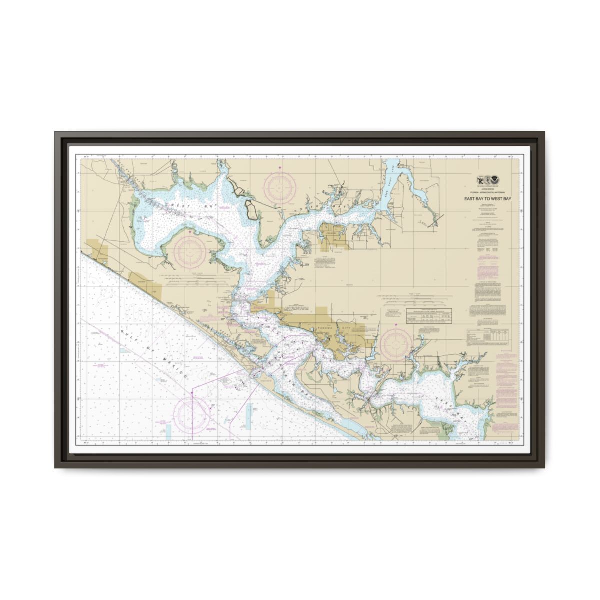 Chart 11390 Intracoastal Waterway East Bay to West Bay - NOAA Nautical Chart Floating Frame Canvas | 30" x 20" | 36" x 24" | 48" x 32" - Espresso front