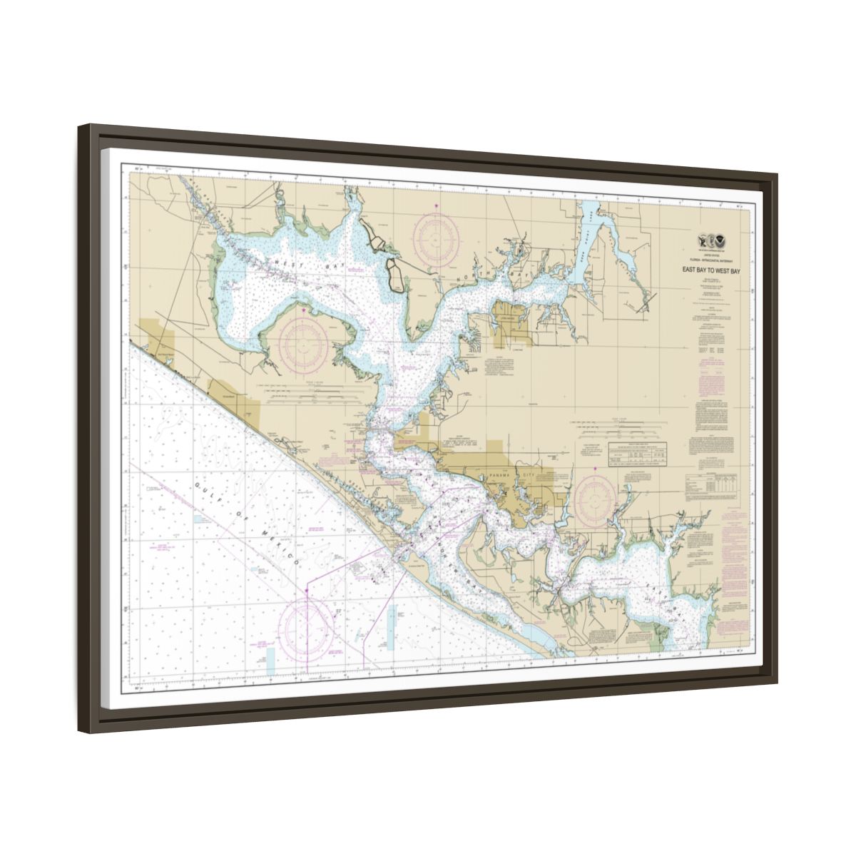 Chart 11390 Intracoastal Waterway East Bay to West Bay - NOAA Nautical Chart Floating Frame Canvas | 30" x 20" | 36" x 24" | 48" x 32" - Espresso side