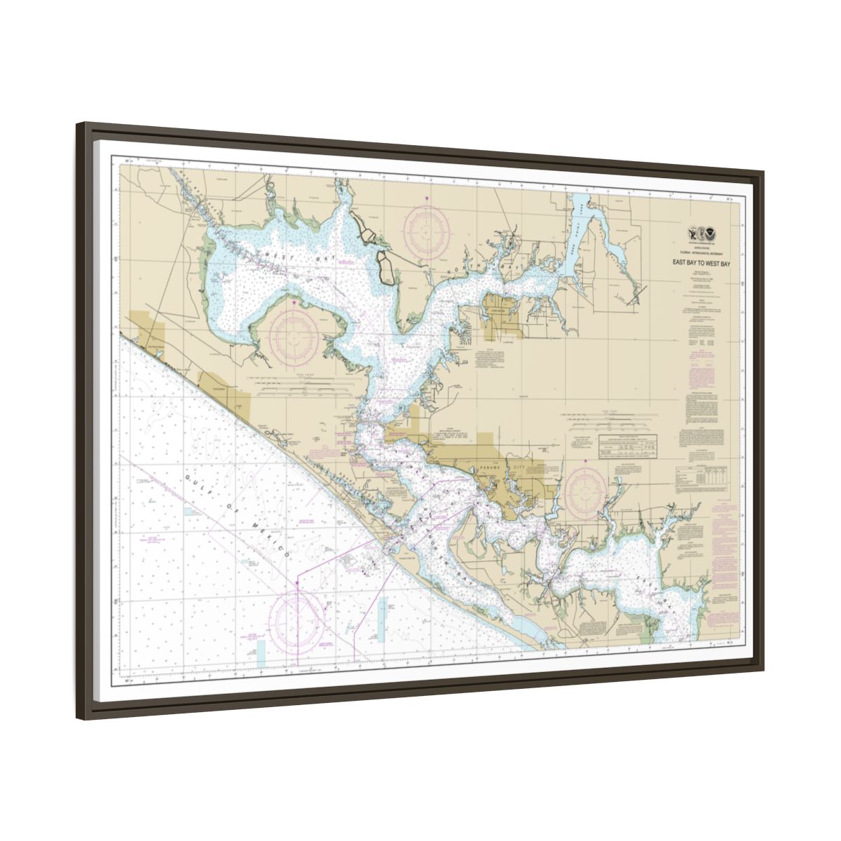 Chart 11390 Intracoastal Waterway East Bay to West Bay - NOAA Nautical Chart Floating Frame Canvas | 30" x 20" | 36" x 24" | 48" x 32" - Espresso side
