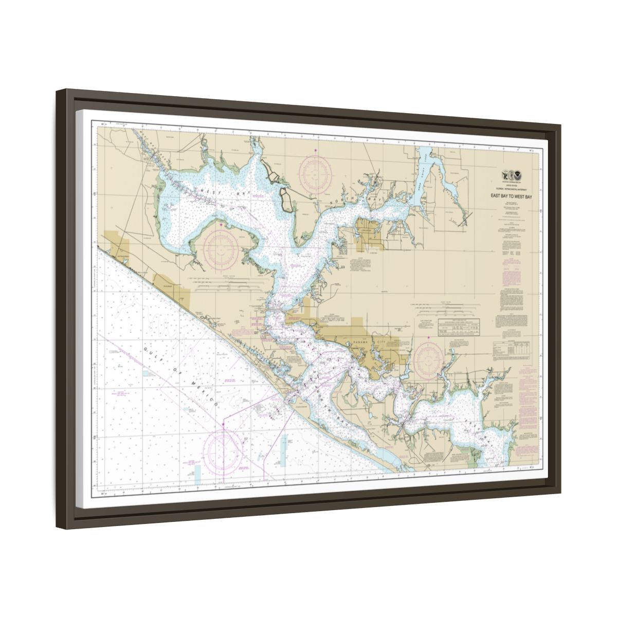 Chart 11390 Intracoastal Waterway East Bay to West Bay - NOAA Nautical Chart Floating Frame Canvas | 30" x 20" | 36" x 24" | 48" x 32" - Espresso side